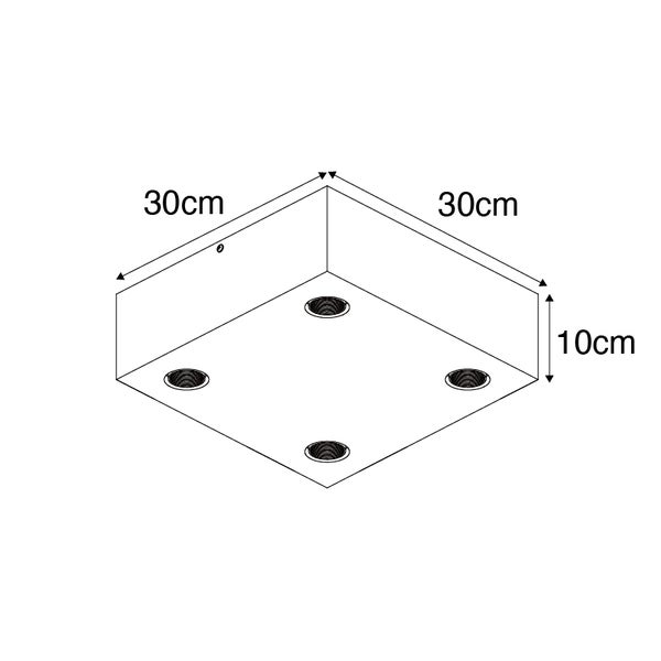 Technische Zeichnung einer Deckenleuchte, quadratisch, mit vier Spots, Maße 30 x 30 x 10 cm.