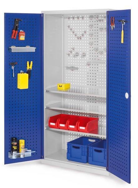 Werkstattschrank mit Werkzeugen, Regalen und Aufbewahrungsboxen