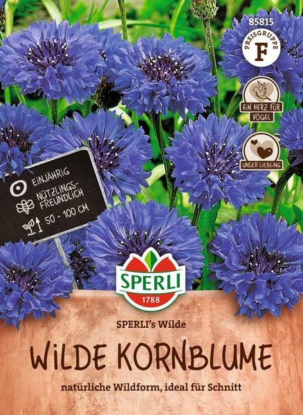 Samen Tüte mit Sperli Wilde Kornblume Centaurea cyanus, einjährige Schnittblume für Bienen und Nützlinge, Wuchshöhe 50 bis 100 Zentimeter.