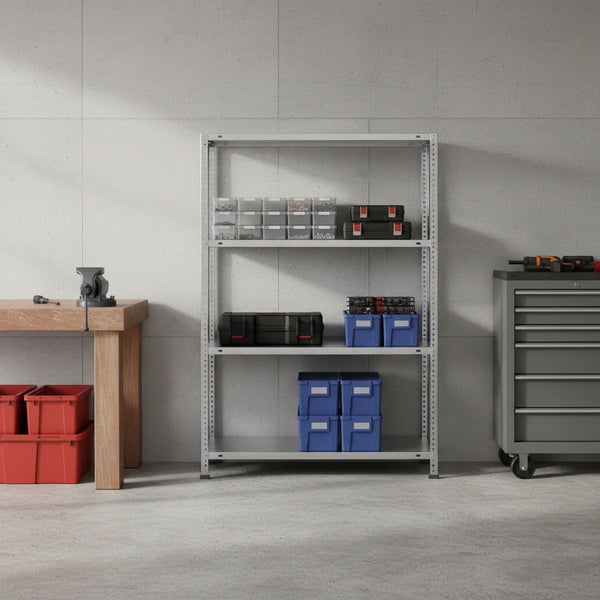 Helle, organisierte Werkstatt mit Metallregal mit vier Fachböden, Werkbank aus Holz und Werkzeugwagen aus Metall.