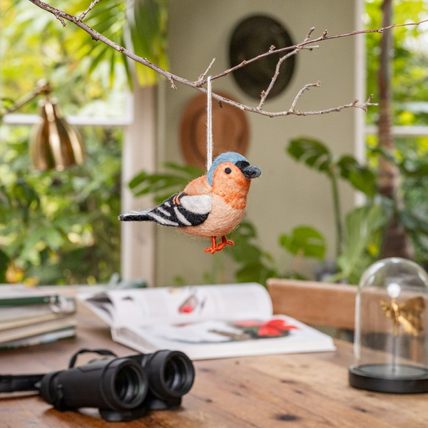 Dekorative hängende Stoffvogel-Figur an einem Ast mit Fernglas und Buch auf dem Tisch