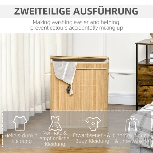 HOMCOM Wäschekorb mit Deckel 90 L Wäschesammler mit Griffen, 2 herausnehmbarer Wäschesack, faltbar, Wäschebox Wäschetonne für Waschküche Schlafzimmer Badezimmer Natur