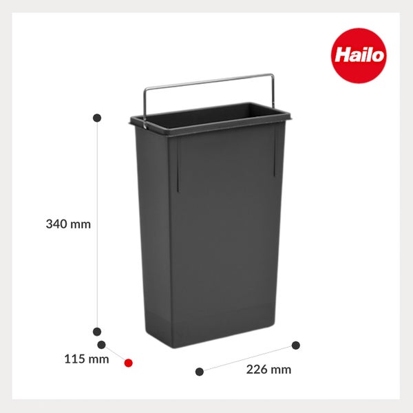 Hailo Logo. Dunkelgrauer Kunststoff-Abfalleimer mit Metallgriff. Maße: Höhe 340 Millimeter, Breite 226 Millimeter, Tiefe 115 Millimeter.