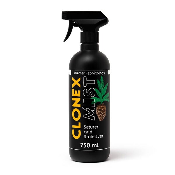 Clonex Mist Wurzelstimulator und Blattspray in einer schwarzen 750 Milliliter Sprühflasche.