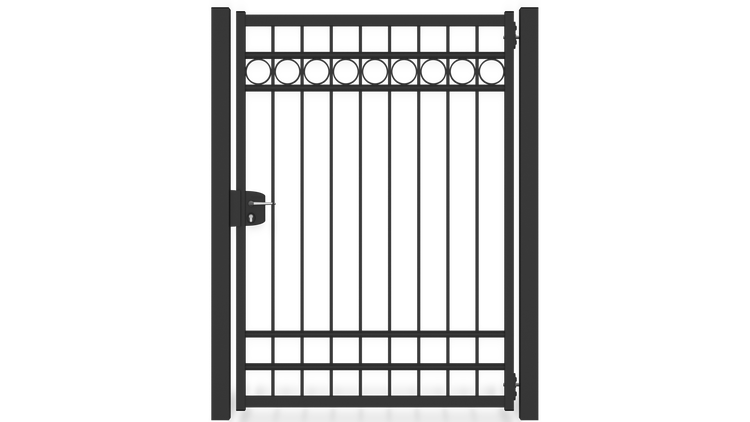 Gartentor ZAUNGURU BASIC-Linie Oldenburg Kreis aus Metall, Höhe: 183cm, Breite: 150cm, 1-flügelig inkl. Pfosten, Schloss und Zubehör, Feuerverzinkt und in RAL 7016 Anthrazitgrau pulverbeschichtet