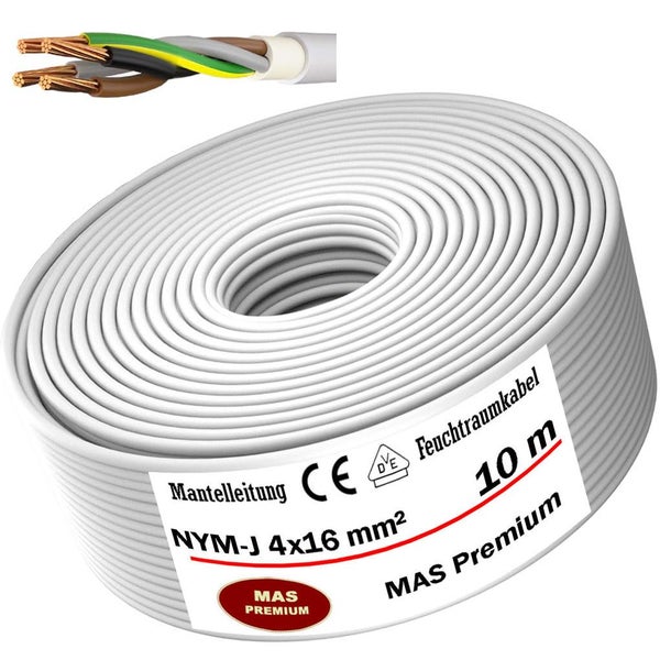 Weiße Mantelleitung NYM-J 4 mal 16 Quadratmillimeter auf einer 10 Meter Rolle, für Feuchträume, mit europäischer Konformität.