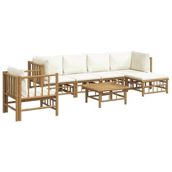 7-tlg. Garten-Lounge-Set mit Cremeweißen Kissen Bambus