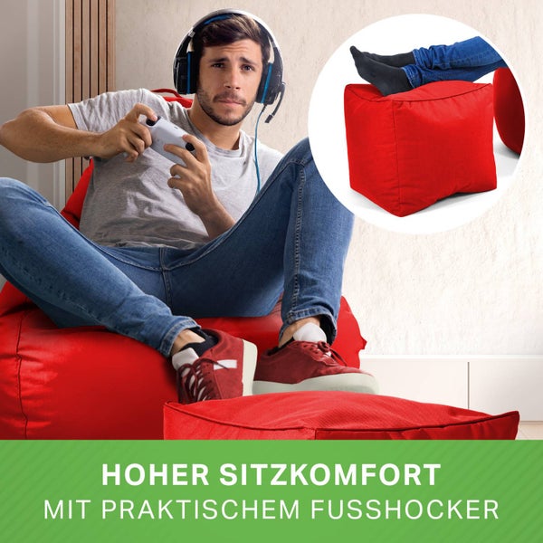 Green Bean 2er Set Sitzsack + Hocker - fertig befüllt - robust waschbar schmutzabweisend - Kinder & Erwachsene Bean Bag Bodenkissen Lounge Sitzhocker Relax-Sessel Gamer Gamingstuhl Pouf - Rot
