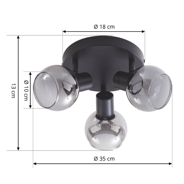 Deckenleuchte mit drei Leuchten und Maßangaben