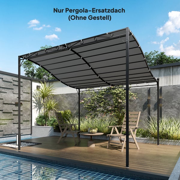 Graues Ersatzdach für eine Pergola über einer modernen Holzterrasse am Pool mit Gartenmöbeln und Pflanzen.