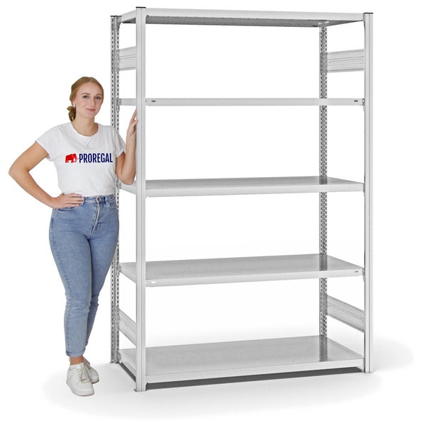 PROREGAL Fachbodenregal Stecksystem T-Profil Medium-Duty Grundregal HxBxT 200 x 130 x 60 cm 5 Ebenen Fachlast 240 kg Beidseitig Nutzbar Lichtgrau