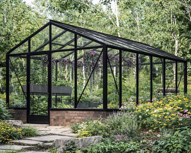Helles Gewächshaus mit schwarzem Aluminiumrahmen und Glaswänden auf einem Backsteinsockel in einem organisierten Garten mit Pflanzen.