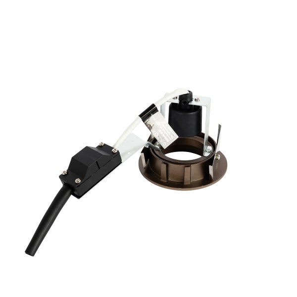 Einbaustrahler-Gehäuse mit GU10 Fassung und Anschlussdose aus bronzefarbenem Metall.