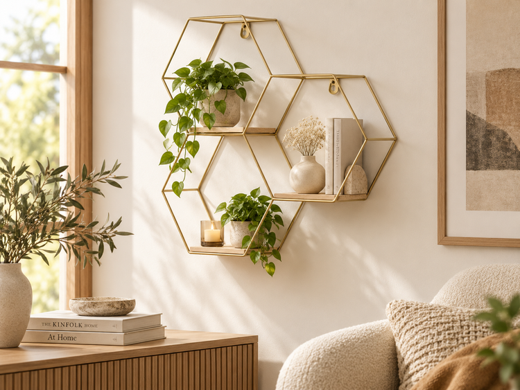 Wandregal aus Metall mit sechseckigen Formen und Holzböden in einem Wohnzimmer
