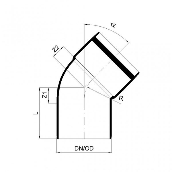 Technische Zeichnung eines Rohrbogens mit Maßangaben für Winkel, Durchmesser, Radius und Länge.