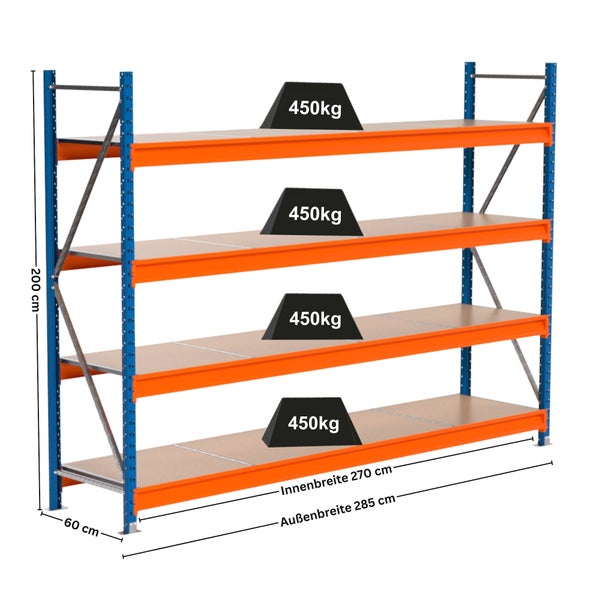 Lagerregal mit vier Ebenen und Gewichtsangabe