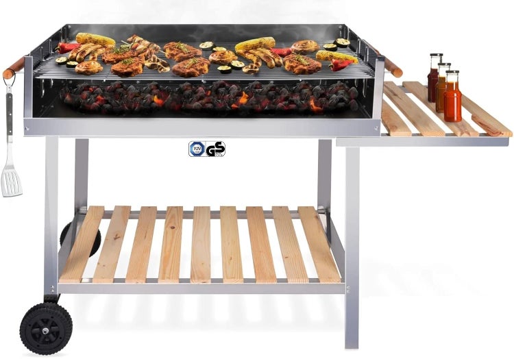 RESCH 502599 Edelstahl Grillwagen – 145 x 90 x 60 cm, Holzkohle-Grill für 10 Personen, Großer fahrbarer Standgrill für Garten, Balkon, Terrasse & Camping