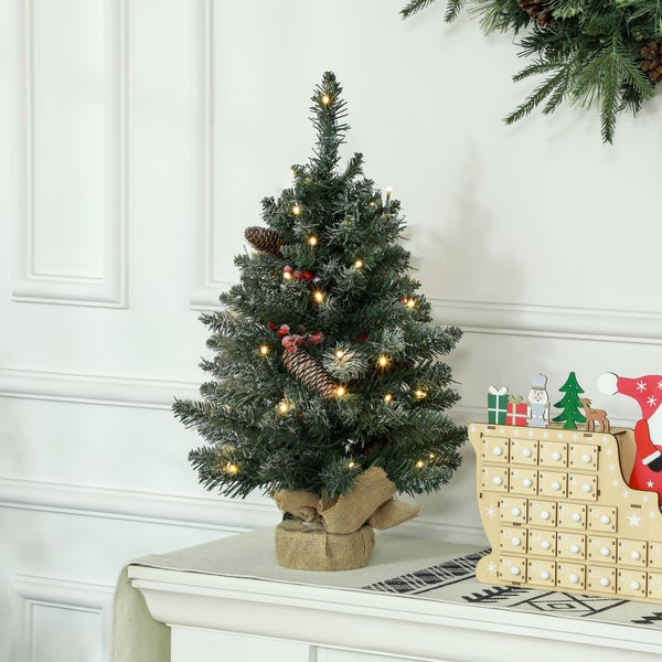 HOMCOM Künstlicher Weihnachtsbaum, 0,6 m Christbaum mit Tannenzapfen 86 Astspitzen mit 50 warmweißen LED, für Weihnachtsfest, Indoor, Grün+Weiß