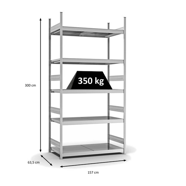 PROREGAL Weitspannregal Stecksystem T-Profil Grundregal HxBxT 300x150x60 cm 5 Ebenen Stahlplatten Fachboden Fachlast 350 kg Verzinkt