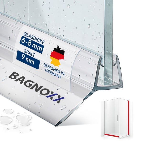 Transparente Duschdichtung von BAGNOXX für Glasdicken von 6 bis 8 Millimeter und eine Spaltbreite von 9 Millimeter. BAGNOXX Logo.