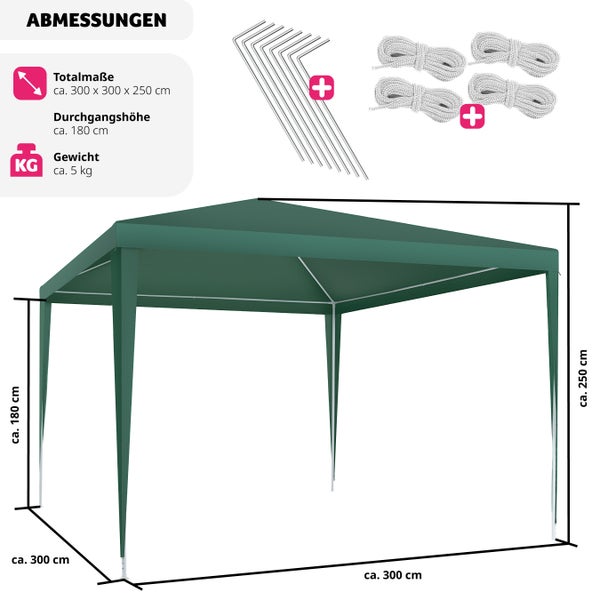 Pavillon tectake Kara inklusive Spannseile und Heringe 3 x 3 m grün