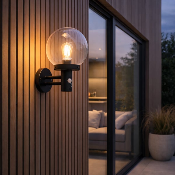 Moderne Außenwandleuchte mit kugelförmigem Schirm aus klarem Glas und integriertem Bewegungsmelder an einer Holzfassade.
