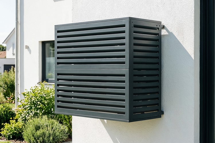 Wärmepumpenverkleidung aus Aluminium an einer Hauswand montiert