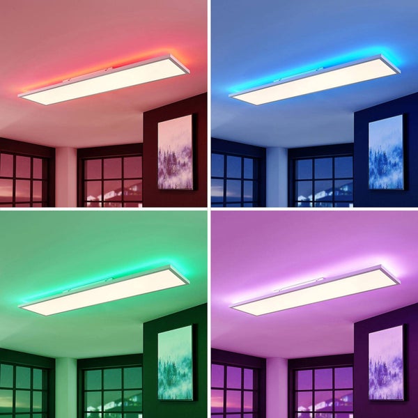 Lindby LED Panel / Deckenleuchte 119,5 x 29,5 cm, dimmbar RGB Backlight & wechselbare Lichtfarbe (3.000–6.000K) mit Fernbedienung Leuchtmittel
