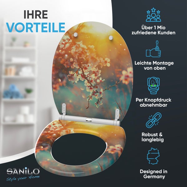 Sanilo Toilettensitz mit Blütenmotiv, einfache Montage von oben, per Knopfdruck abnehmbar, robust und langlebig, Sanilo Logo.