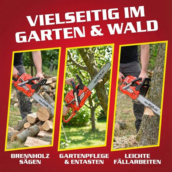 Eine Person sägt Brennholz, pflegt den Garten und fällt mit einer Kettensäge Bäume.