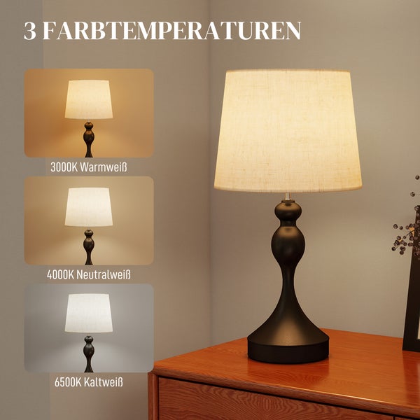 HOMCOM Tischlampe LED Tischleuchte mit 3 Farbtemperaturen, Nachttischlampe mit USB A+C Ladeanschlüssen, Leinenschirm, Schreibtischlampe Leselampe für Schlafzimmer Wohnzimmer Schwarz