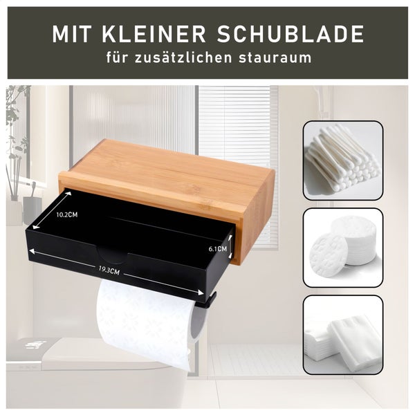 BERLINLODGE Toilettenpapierhalter mit Schublade | HxBxT 10x18,5x13cm | Bambus | Papier Halterung mit Ablage zum Kleben oder Schrauben