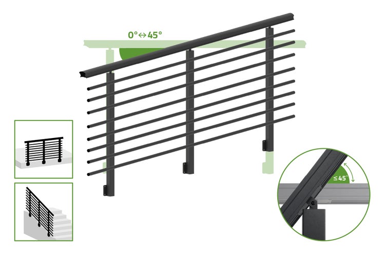 Metallgeländer für Treppen und Balkone mit verstellbarem Neigungswinkel bis 45 Grad zur flexiblen Montage.