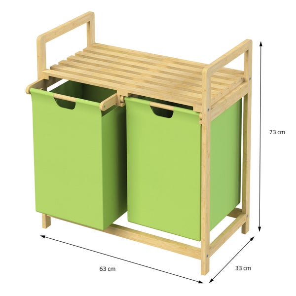 ML-Design Wäschekorb aus Bambus, Grün, Wäschebox mit 2 Fächern, Wäschesammler mit 2 ausziehbaren Wäschesäcken 60 L, Wäschetruhe mit Ablage, Wäschesortierer für Badezimmer, Wäschetonne mit Regal
