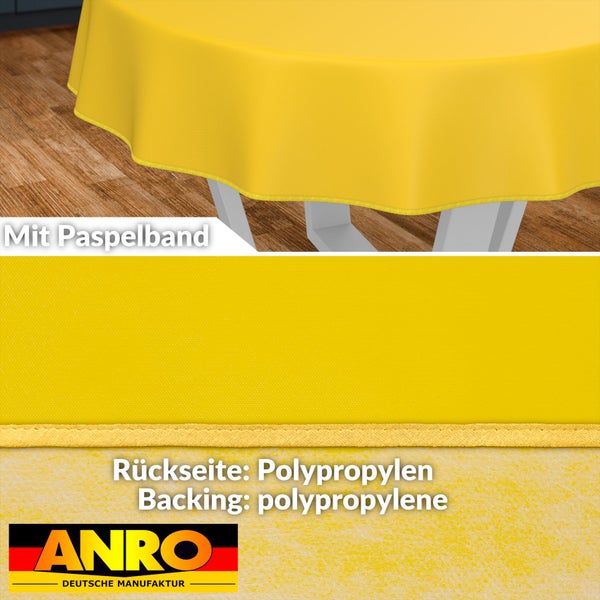 Gelbe Tischdecke mit Paspelband und Polypropylen-Rückseite.