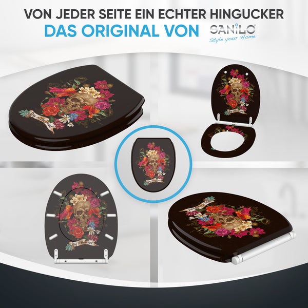 Sanilo WC-Sitz mit Day of the Dead Motiv, Totenkopf und bunten Blumen aus verschiedenen Perspektiven.