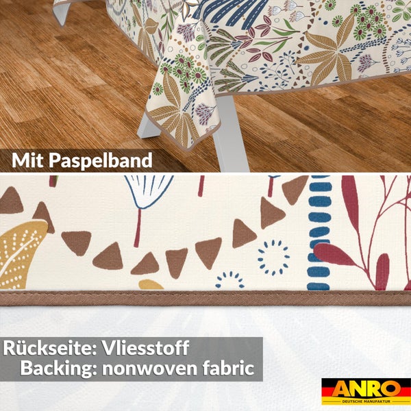 Tischdecke mit botanischem Muster, Paspelband und Vlies-Rückseite, ANRO Logo.
