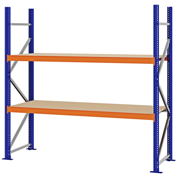 Schwerlastregal aus Metall mit blauen Stehern, orangen Traversen und zwei Holzböden.