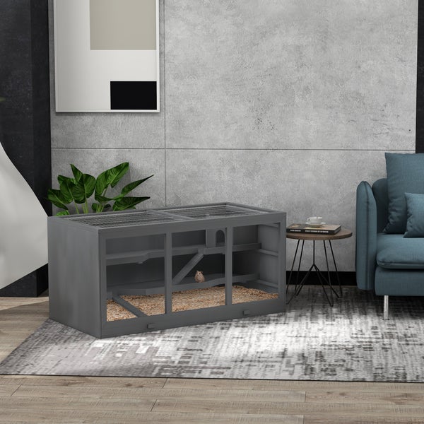 PawHut Zwerghamsterkäfig Nagerkäfig Kleintierstall aus Holz Mäusekäfig mit Treppen Kleintierkäfig Nagervilla Dreistöckig Grau 115 x 57 x 55 cm