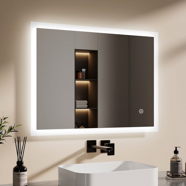 EMKE Badspiegel mit Beleuchtung 80×60 cm, 6500 K Kaltweiß, Touch-Schalter, Wandmontage, horizontal & vertikal montierbar, Kosmetikspiegel