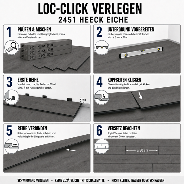 Anleitung zur Verlegung von Loc Click Laminatboden im Dekor Heeck Eiche in sechs Schritten inklusive Vorbereitung und Verlegetechniken.