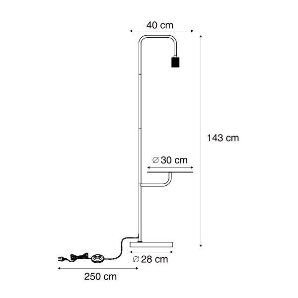 Stehleuchte Maße: Höhe 143 Zentimeter, Arm 40 Zentimeter, Ablage Durchmesser 30 Zentimeter, Fuß 28 Zentimeter, Kabellänge 250 Zentimeter.
