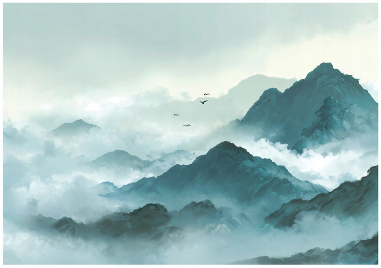 Illustration von Bergen im Nebel mit Vögeln