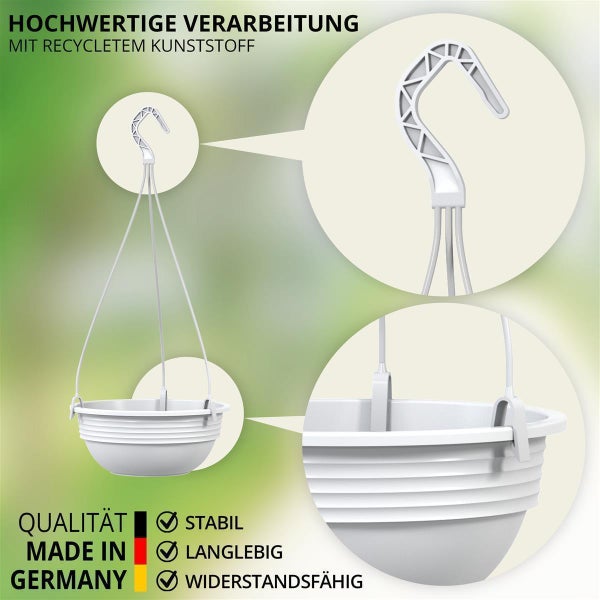 Hängeampel aus recyceltem Kunststoff mit detaillierten Ansichten der Aufhängung und des Pflanztopfes für stabile und langlebige Pflanzenpräsentation.
