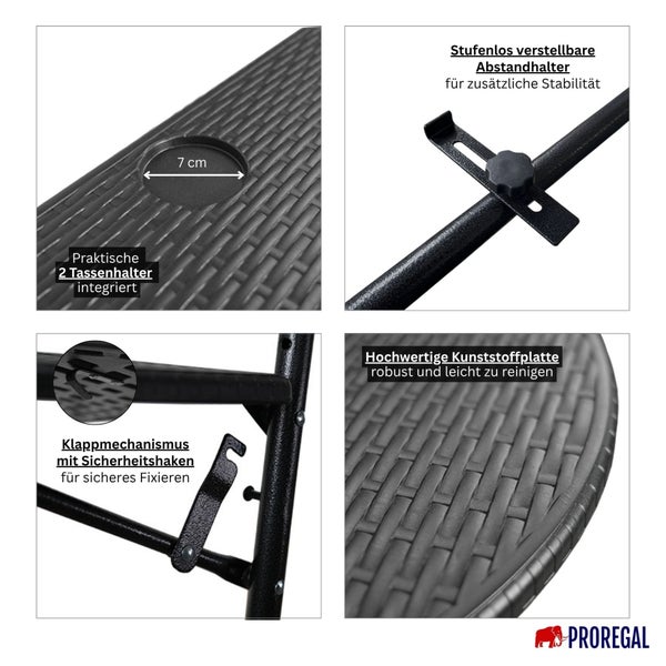 Detailansicht eines Gartentisches mit Getränkehaltern, höhenverstellbarem Abstandhalter, Klappmechanismus mit Sicherheitsfunktion und einer Kunststoffplatte