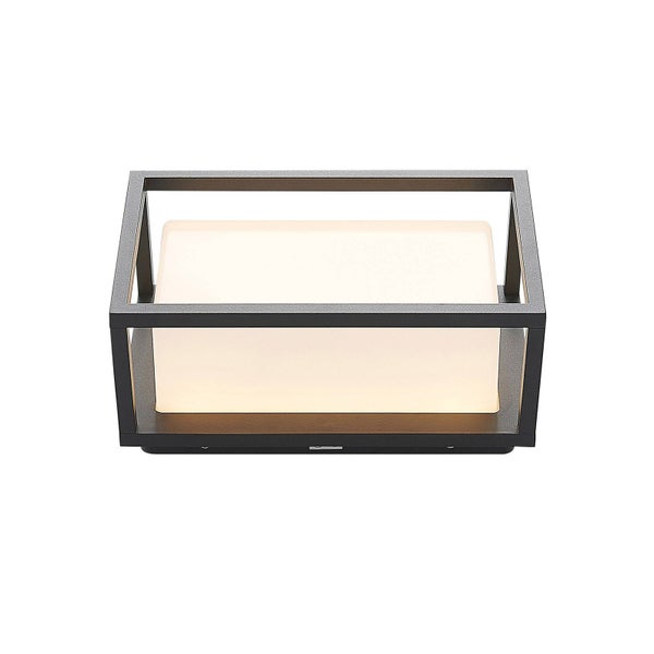 Moderne rechteckige Außenwandleuchte mit schwarzem Metallrahmen und weißem Diffusor.