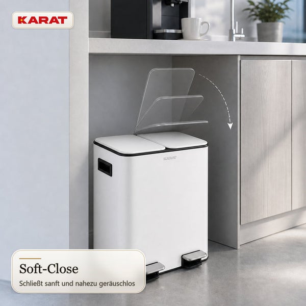 Karat Mülltrennsystem mit zwei Fächern, Pedal und Soft-Close Funktion unter einer Küchenarbeitsplatte platziert.