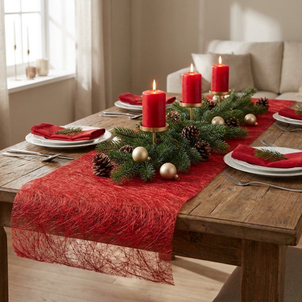 Festlich gedeckter Holztisch mit rotem Tischläufer, brennenden Stumpenkerzen, Tannenreisig, Zapfen und Weihnachtskugeln zur Tischdekoration.