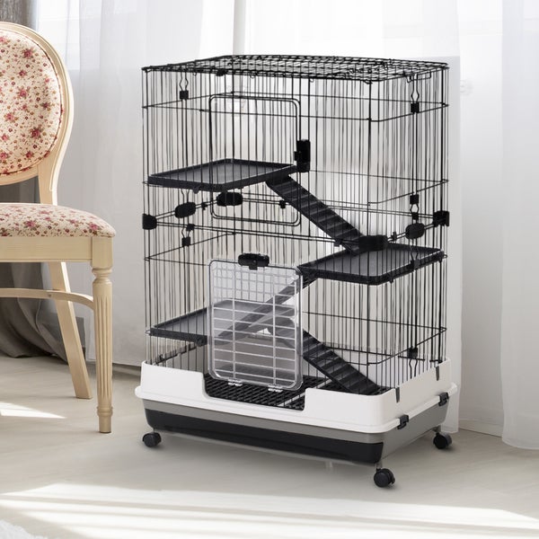 PawHut Kleintierkäfig mit 4 Räder, Käfig, 3 Öffnungen, 2 Plattformen, Metall Schwarz 81,2 x 52,7 x 110 cm