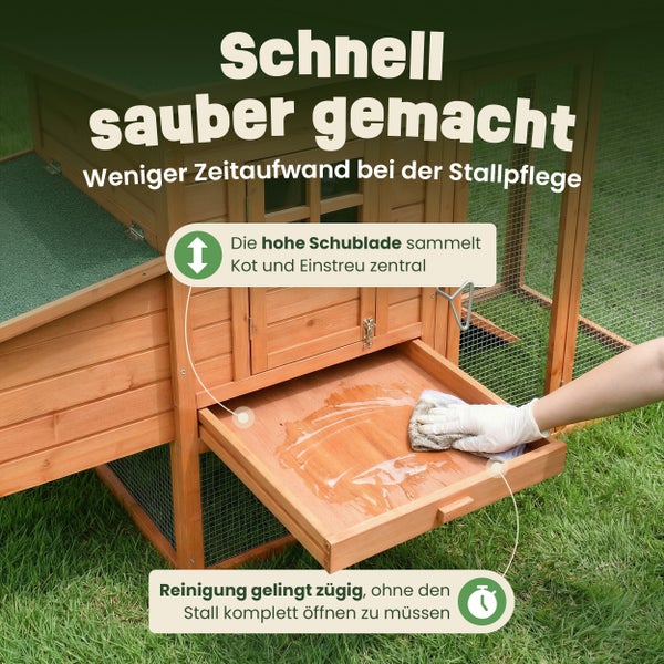 Holzstall mit ausziehbarer Schublade zur schnellen und einfachen Reinigung von Einstreu und Kot.